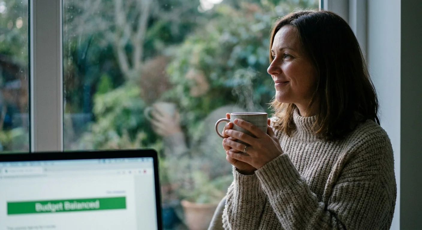 A woman looking out a window with a peaceful expression, with a laptop showing a balanced budget in the blurred foreground.