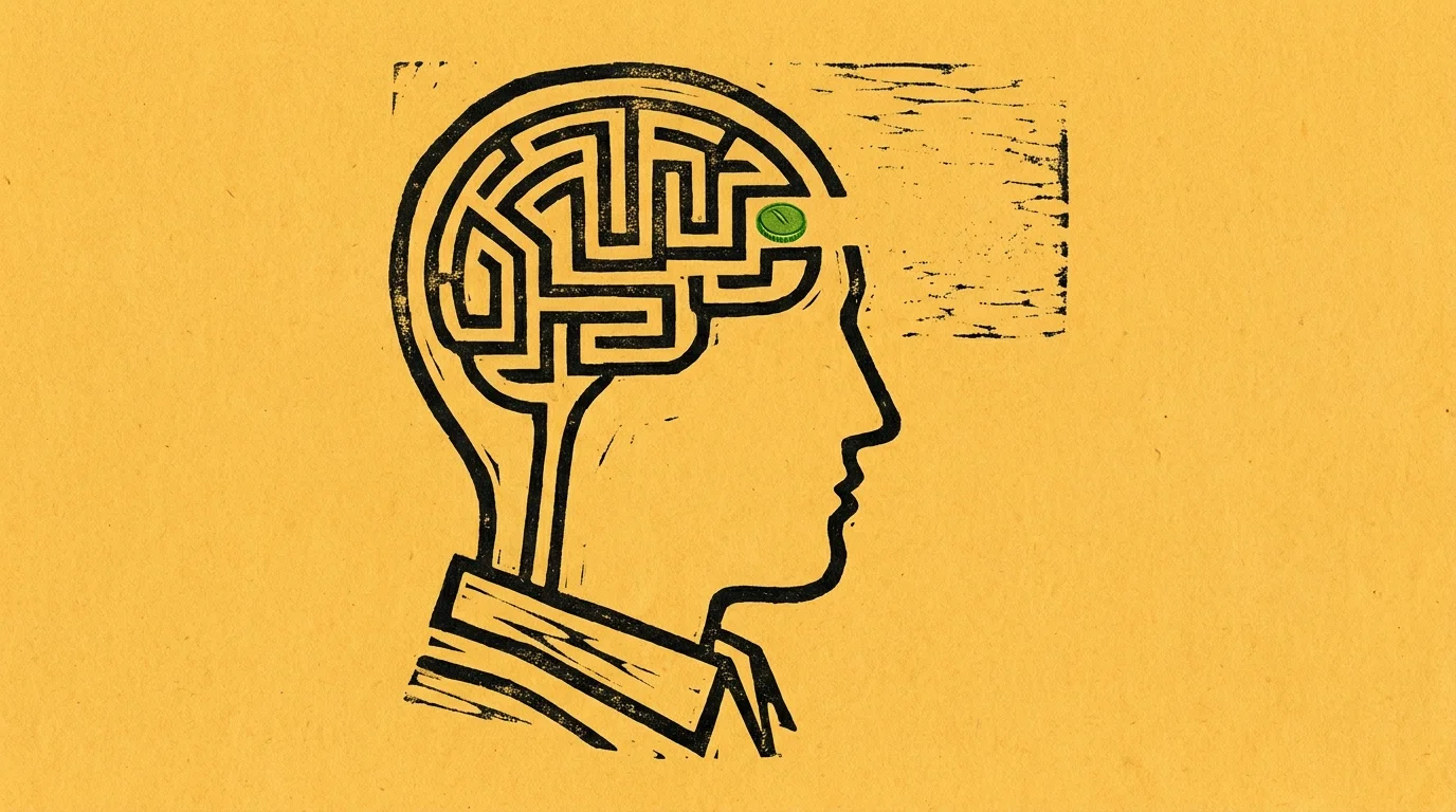 A woodcut-style illustration of a human head with a maze inside the brain, representing behavioral economics.