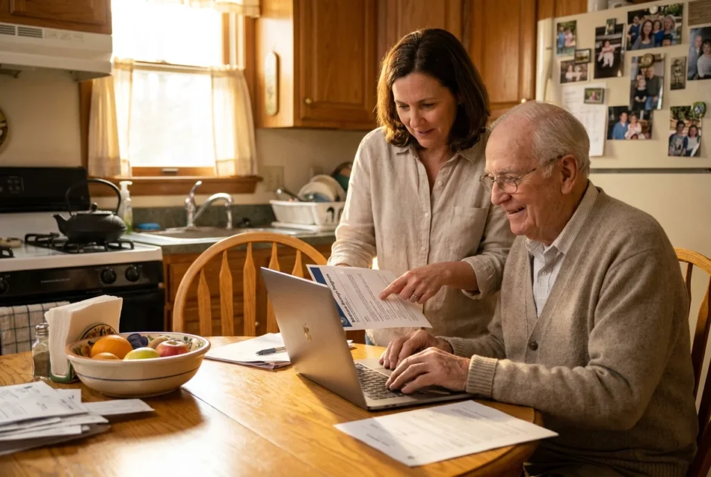 An adult daughter and her elderly father sitting at a kitchen table, looking at financial documents together with a sense of relief.