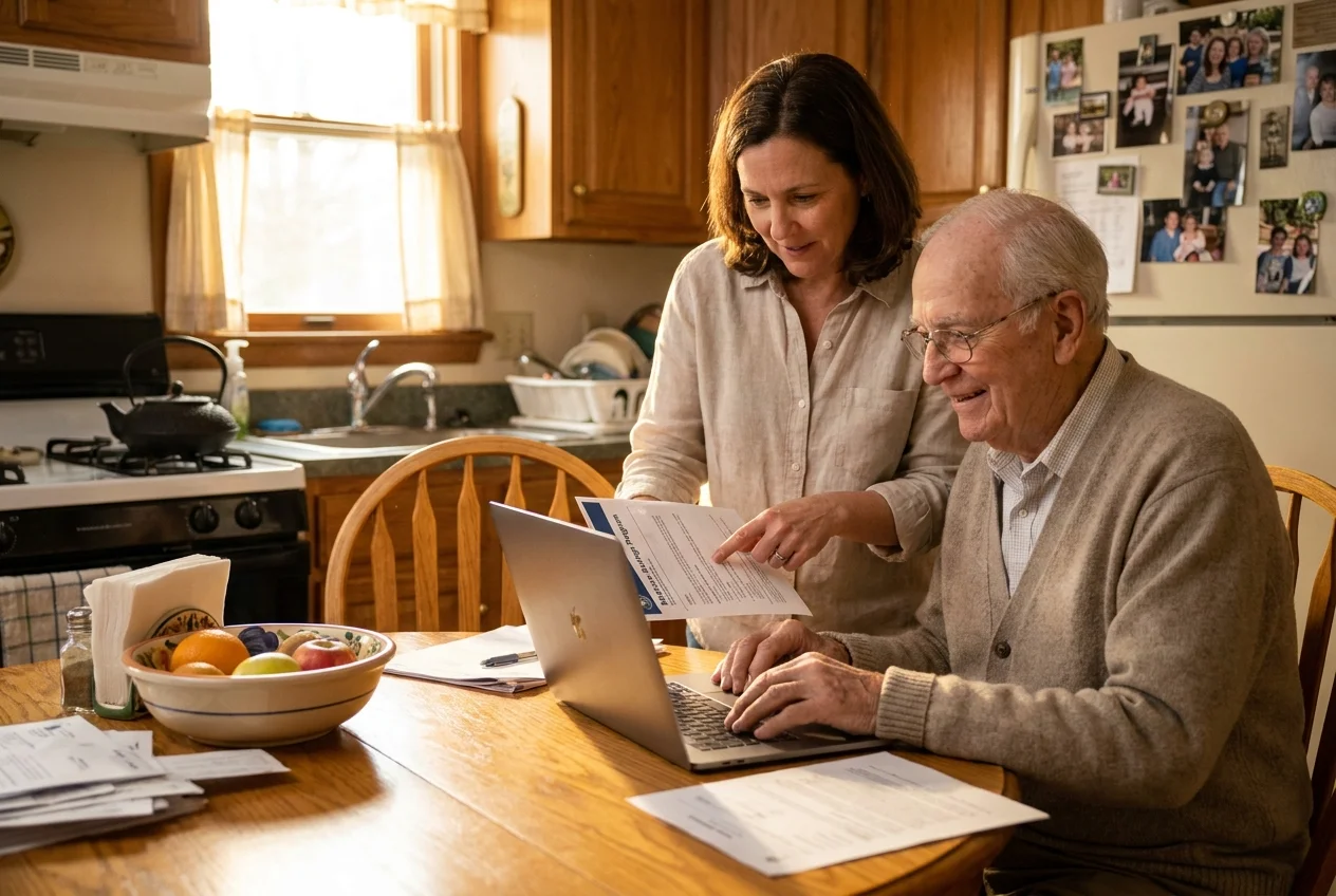 An adult daughter and her elderly father sitting at a kitchen table, looking at financial documents together with a sense of relief.