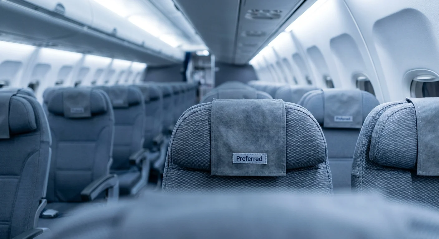 An airplane cabin aisle with focus on a seat headrest labeled 'Preferred'.
