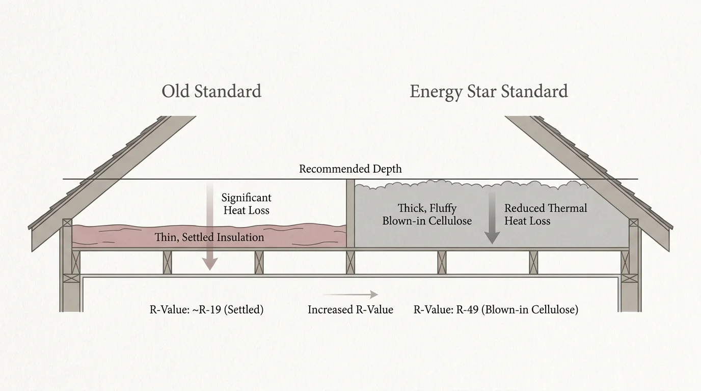 An attic cross-section diagram comparing thin old insulation with thick Energy Star standard cellulose insulation.