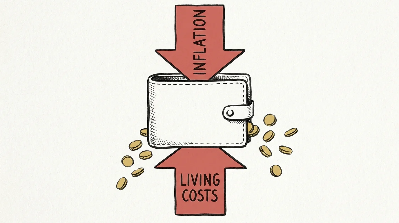 An editorial illustration of a wallet being squeezed by arrows labeled inflation and living costs, with coins spilling out.