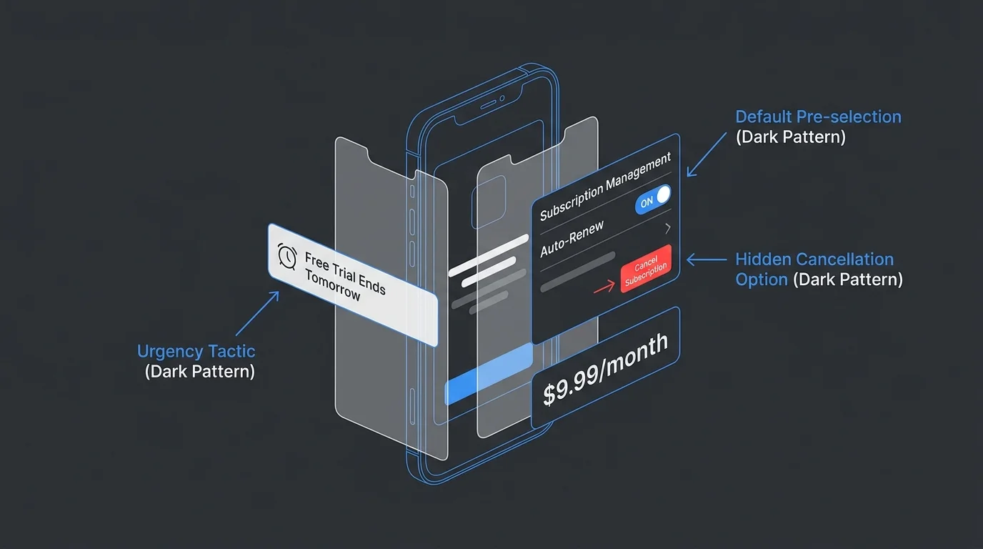 An exploded-view diagram of a smartphone screen showing trial alerts, auto-renew toggles, and monthly price labels.