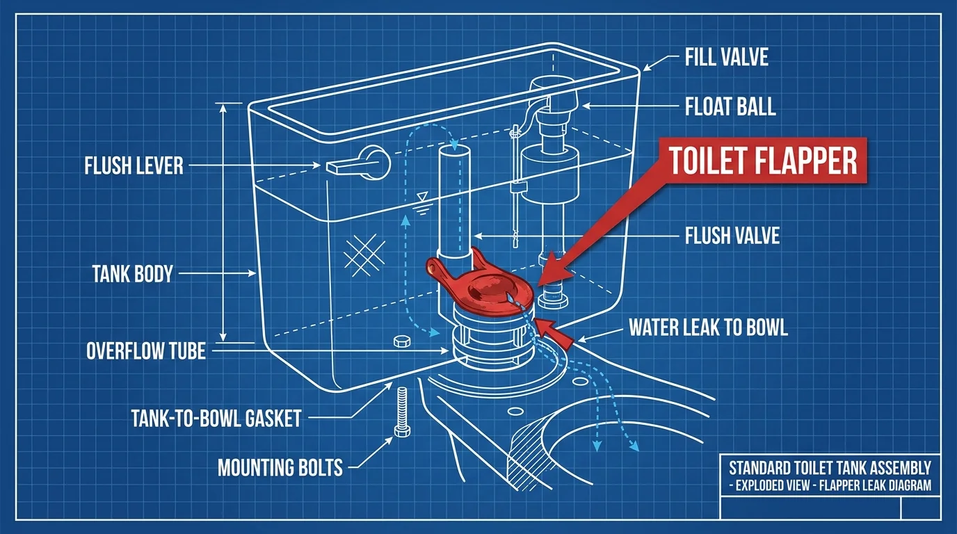 An exploded view diagram of a toilet tank identifying the flapper as a common source of leaks.