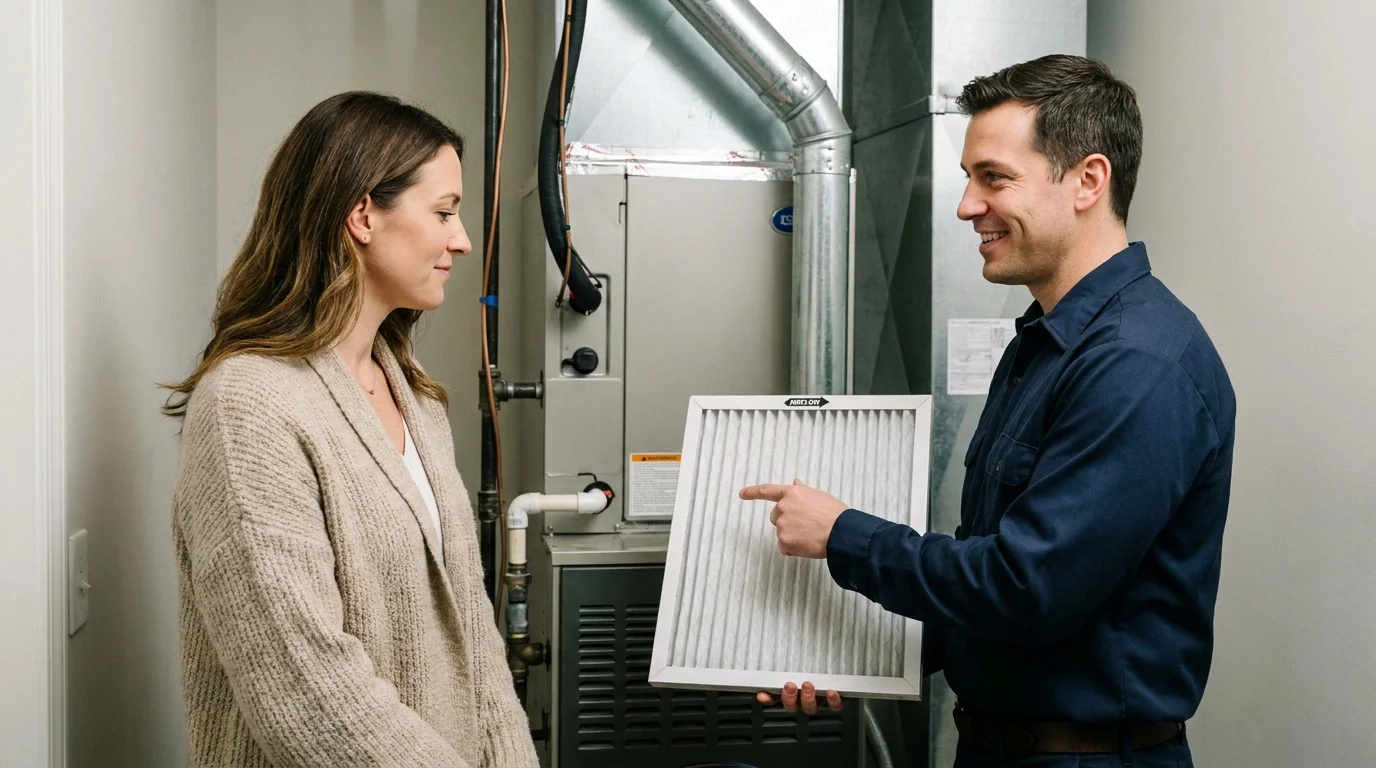 An HVAC technician showing a clean air filter to a homeowner in a basement utility room.