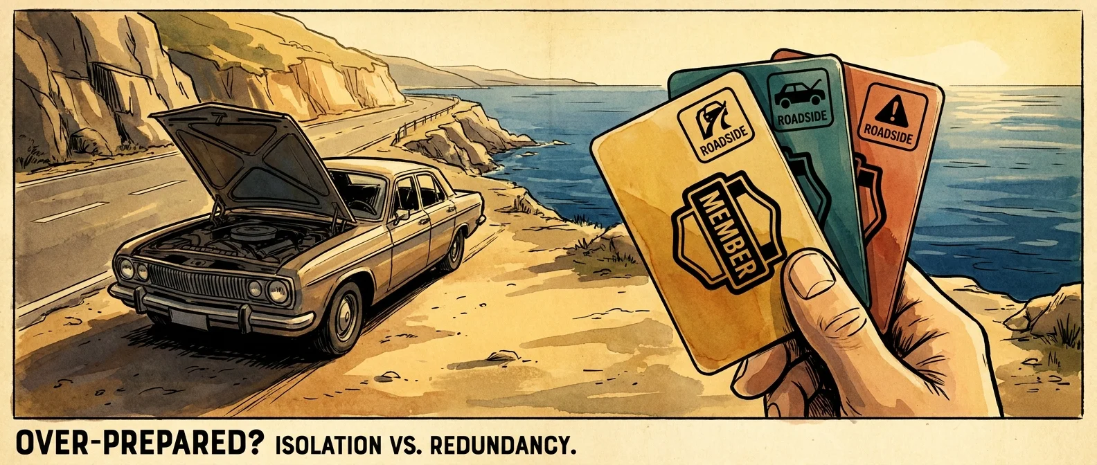 An illustration of a broken-down car on a road with a hand holding three different membership cards for roadside help.