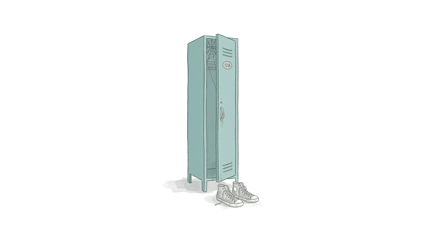 An illustration of a dusty gym locker with a spiderweb on the door, symbolizing an unused membership.