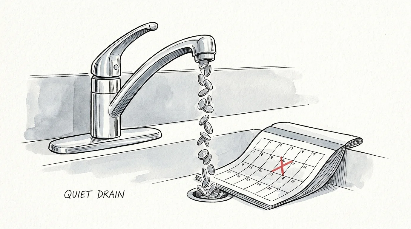 An illustration of a faucet dripping coins into a drain shaped like a calendar, representing daily financial leaks.
