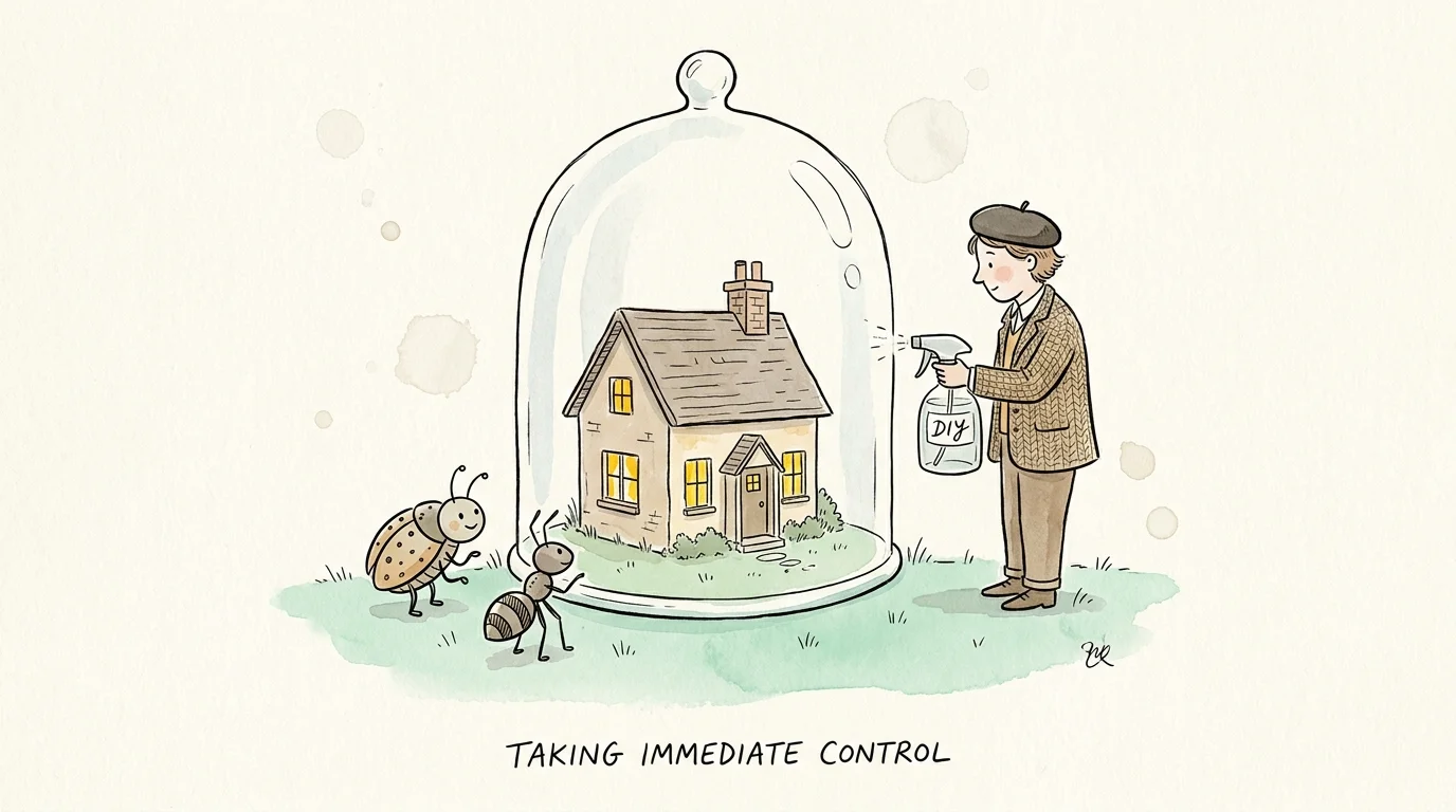 An illustration of a house protected by a glass jar, symbolizing self-managed pest control and security.