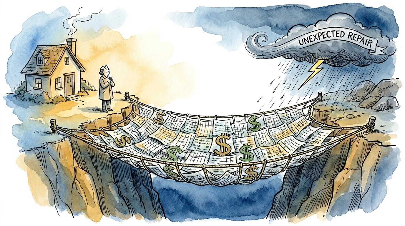 An illustration of a house protected by a safety net made of financial ledgers, spanning a canyon.
