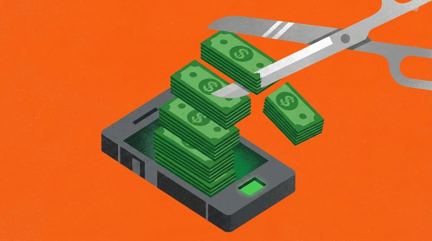 An illustration of a pair of scissors cutting through signal bars made of money on a smartphone screen.