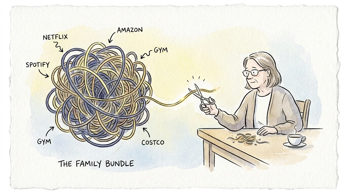 An illustration of a person carefully snipping a single thread labeled 'Netflix' from a large tangled ball of yarn.