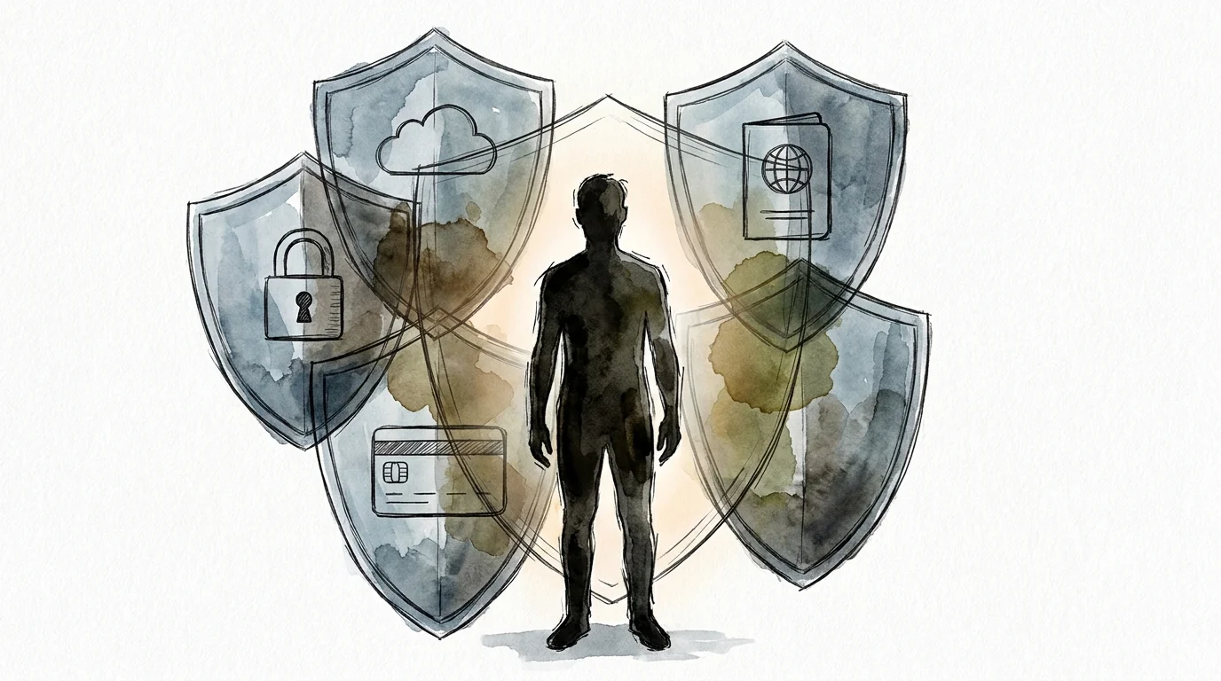 An illustration of a person surrounded by overlapping glass shields, symbolizing redundant identity theft protection.