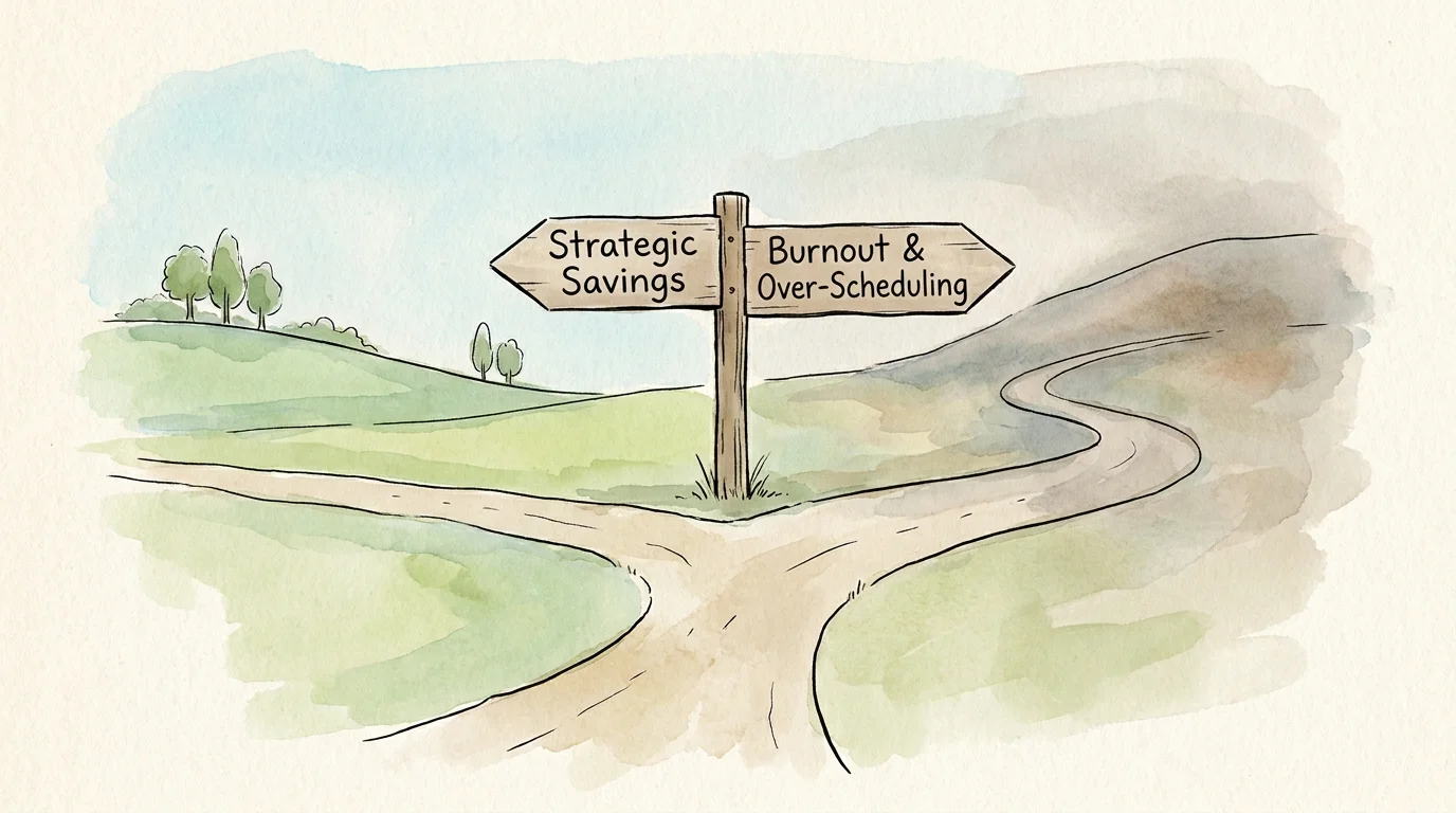 An illustration of a road with signs for 'Strategic Savings' and 'Burnout,' illustrating the need for balance when shifting schedules.