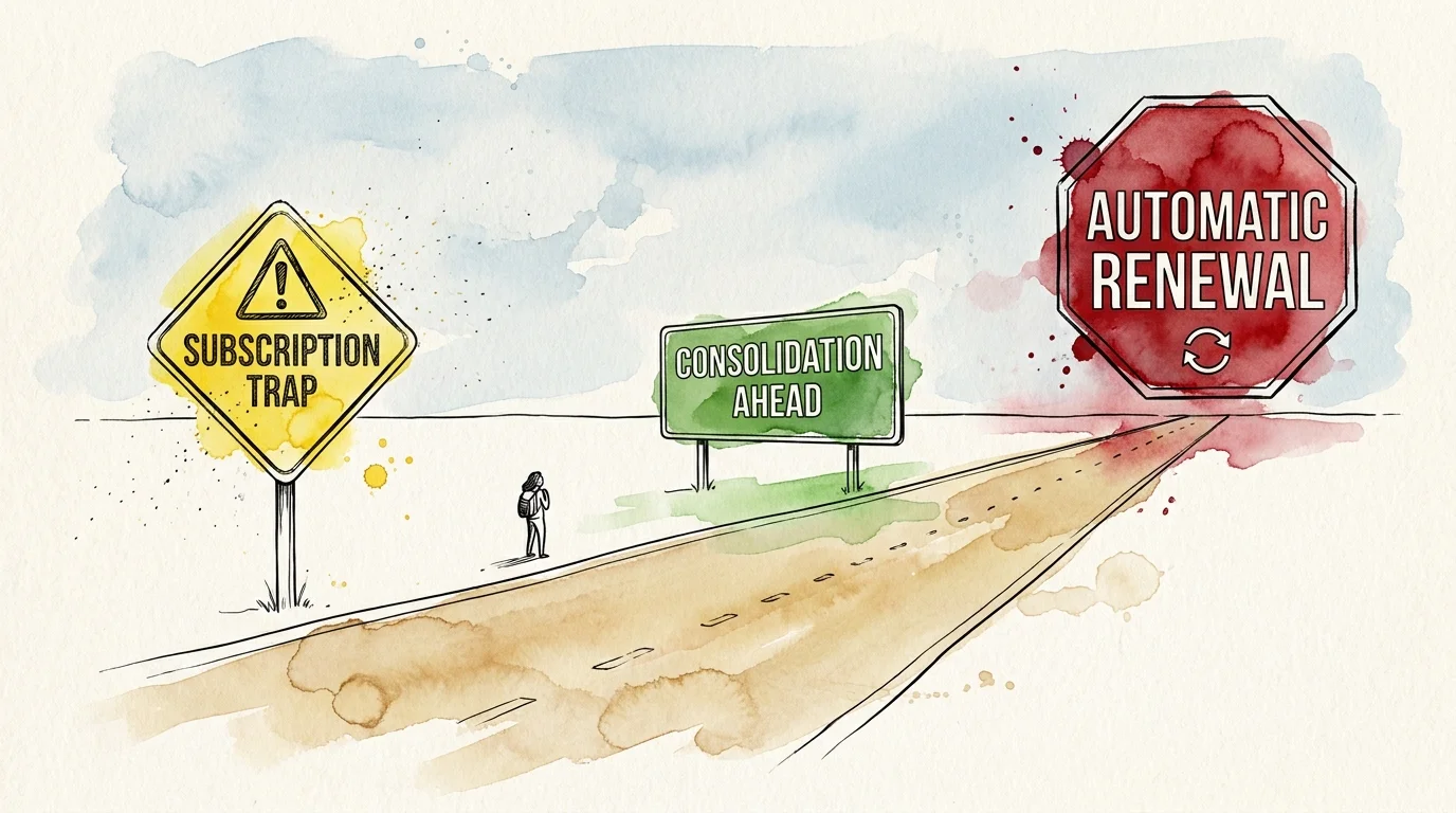 An illustration of a road with various street signs labeled with financial advice like 'Subscription Trap' and 'Consolidation'.