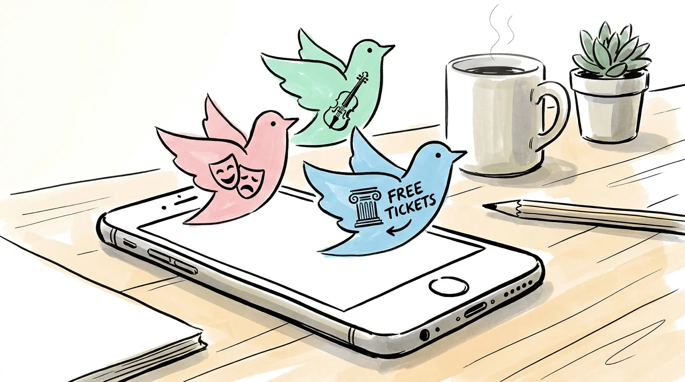 An illustration of a smartphone with colorful notifications for free museum and theater tickets floating into the air.