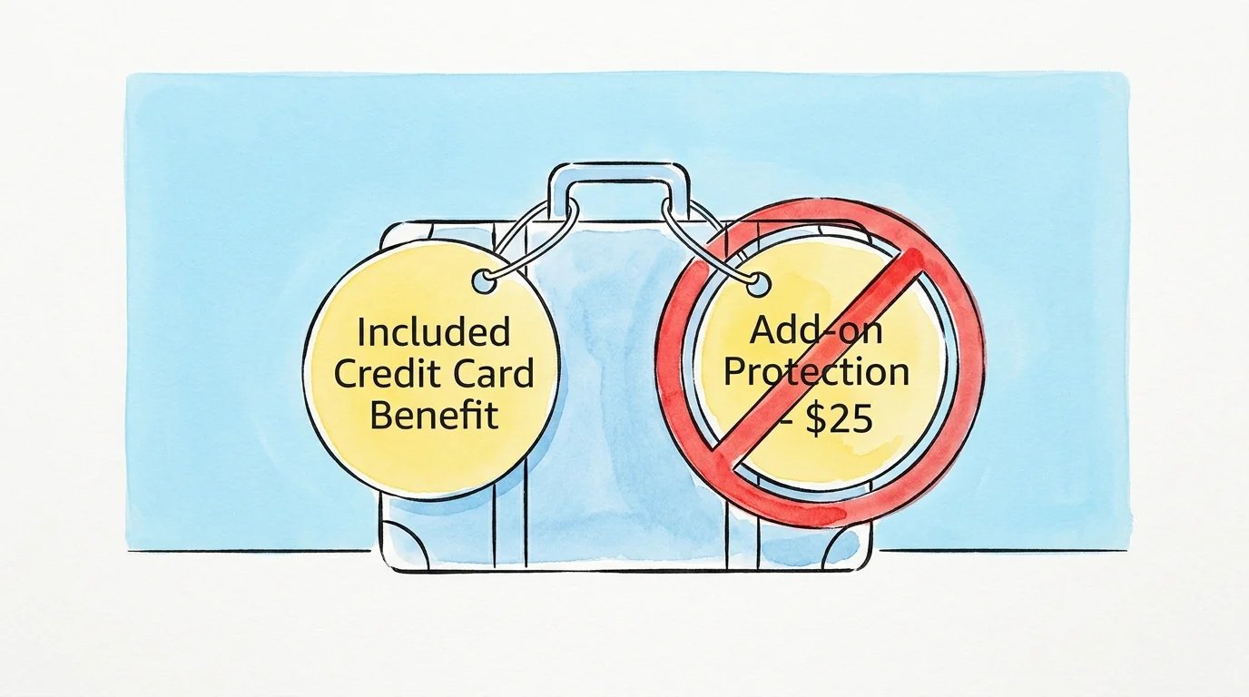 An illustration of a suitcase with two tags, one showing free card benefits and the other showing a redundant paid insurance add-on.