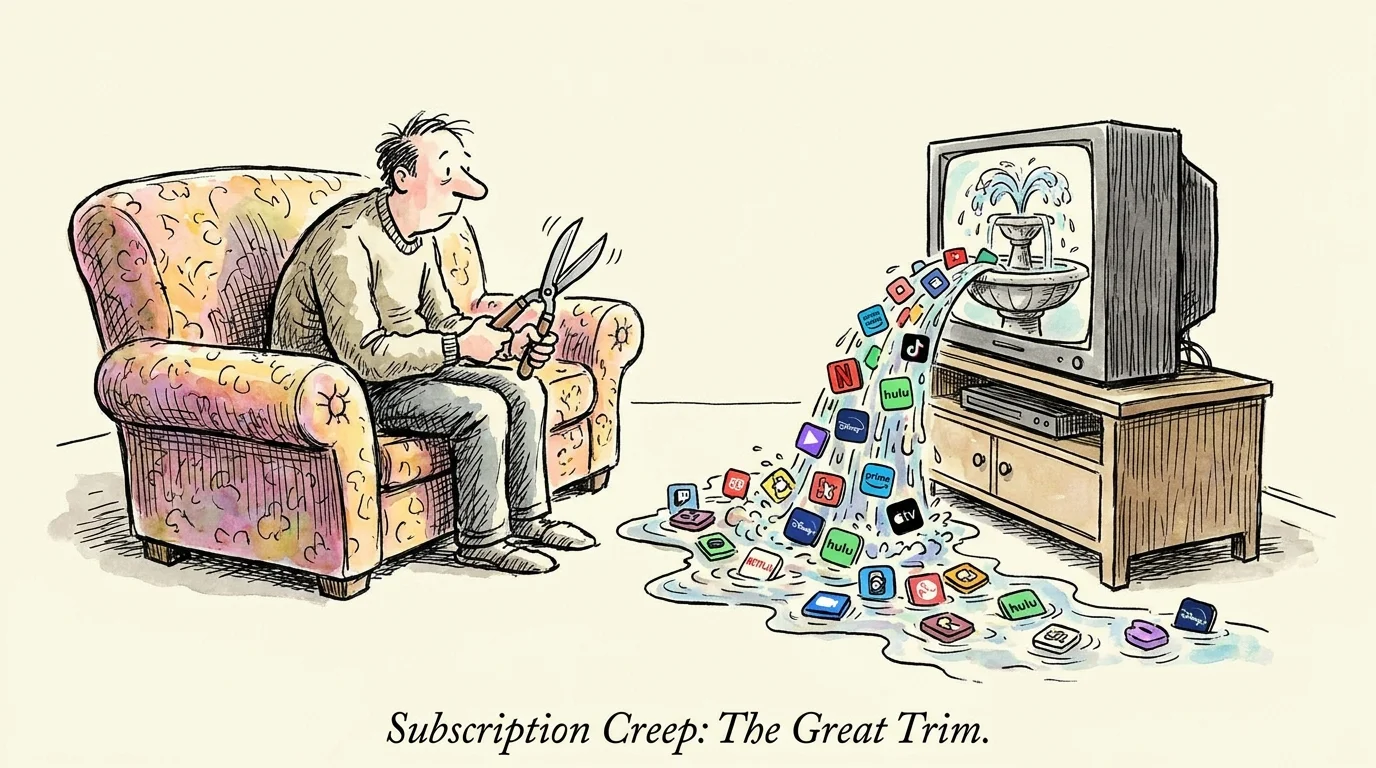 An illustration of a TV overflowing with streaming icons, with a person ready to trim the excess with shears.