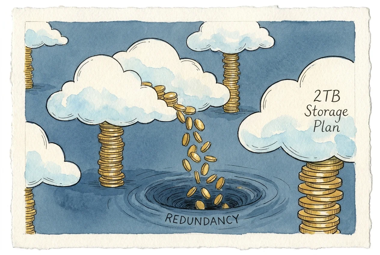 An illustration of overlapping clouds leaking coins, representing redundant 2TB cloud storage plans.