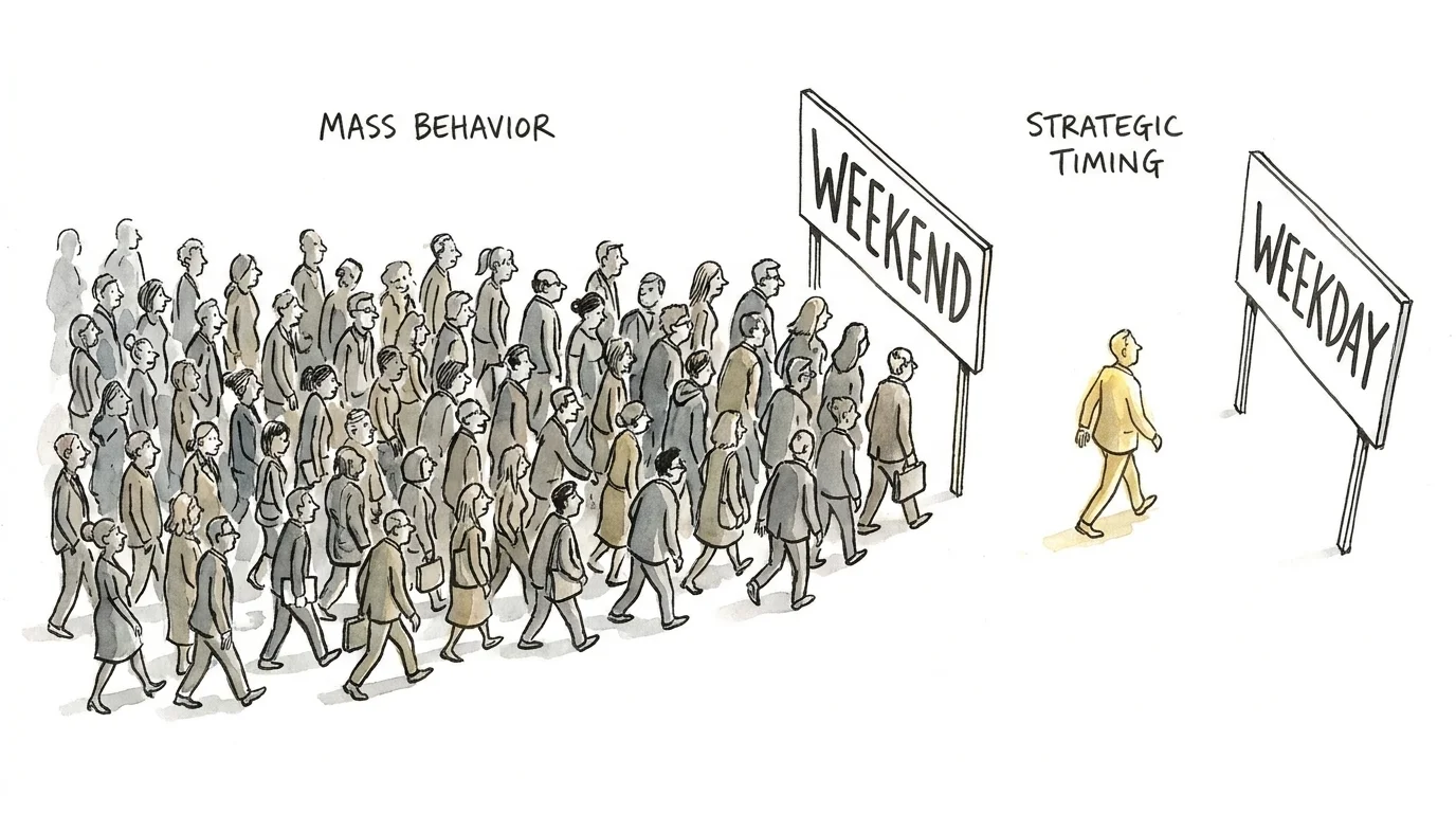 An illustration showing a crowd moving toward the weekend while one person moves toward the weekday, representing strategic spending.
