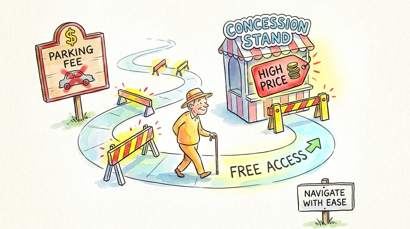 An illustration showing a person navigating around icons for 'Parking Fees' and 'Concessions' on a path to free events.
