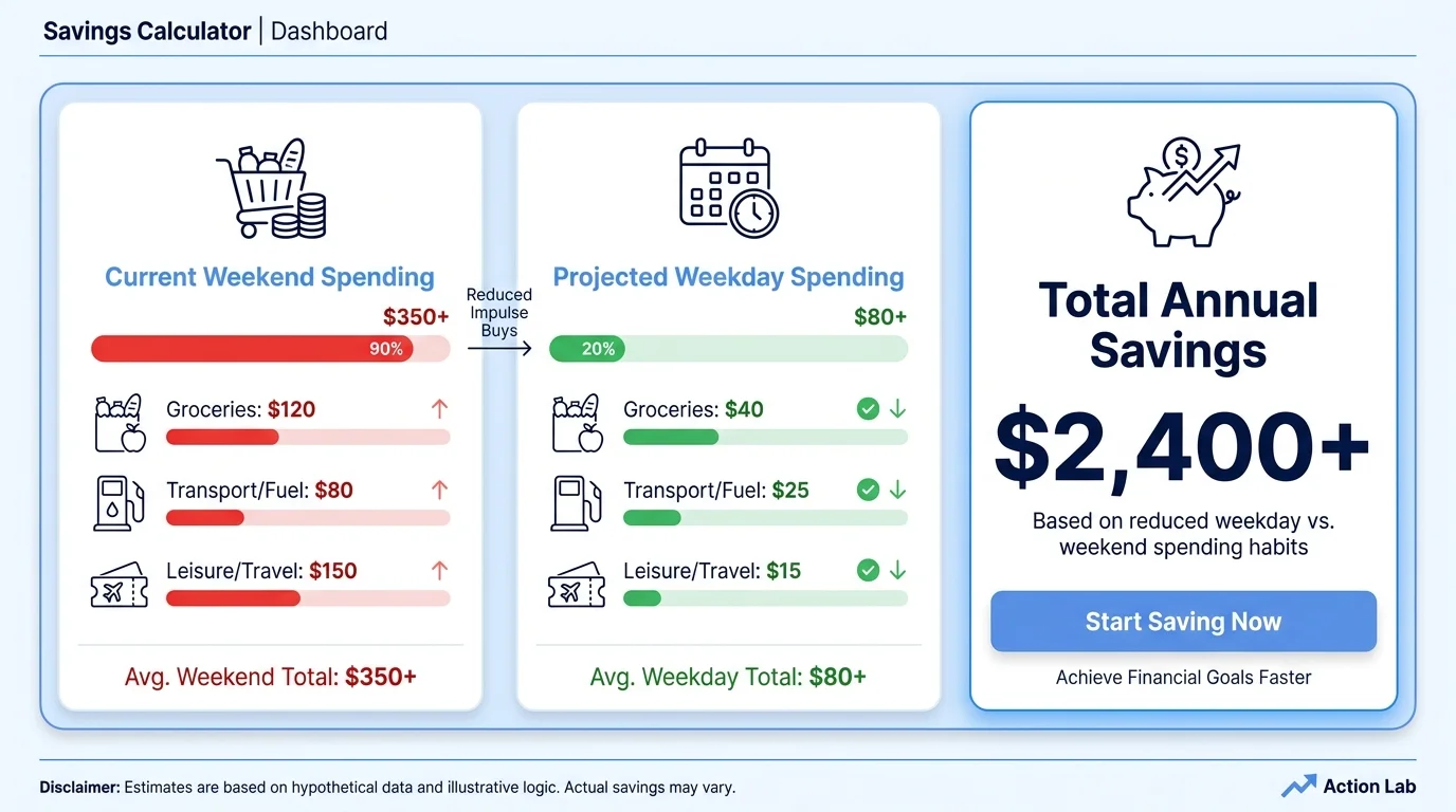 An infographic dashboard showing a comparison between weekend and weekday spending with a projected annual savings of over $2,400.