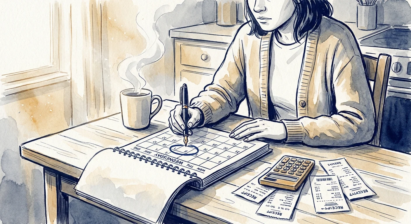 An ink and watercolor drawing of a person at a kitchen table circling Wednesday on a calendar to plan their weekly shopping.