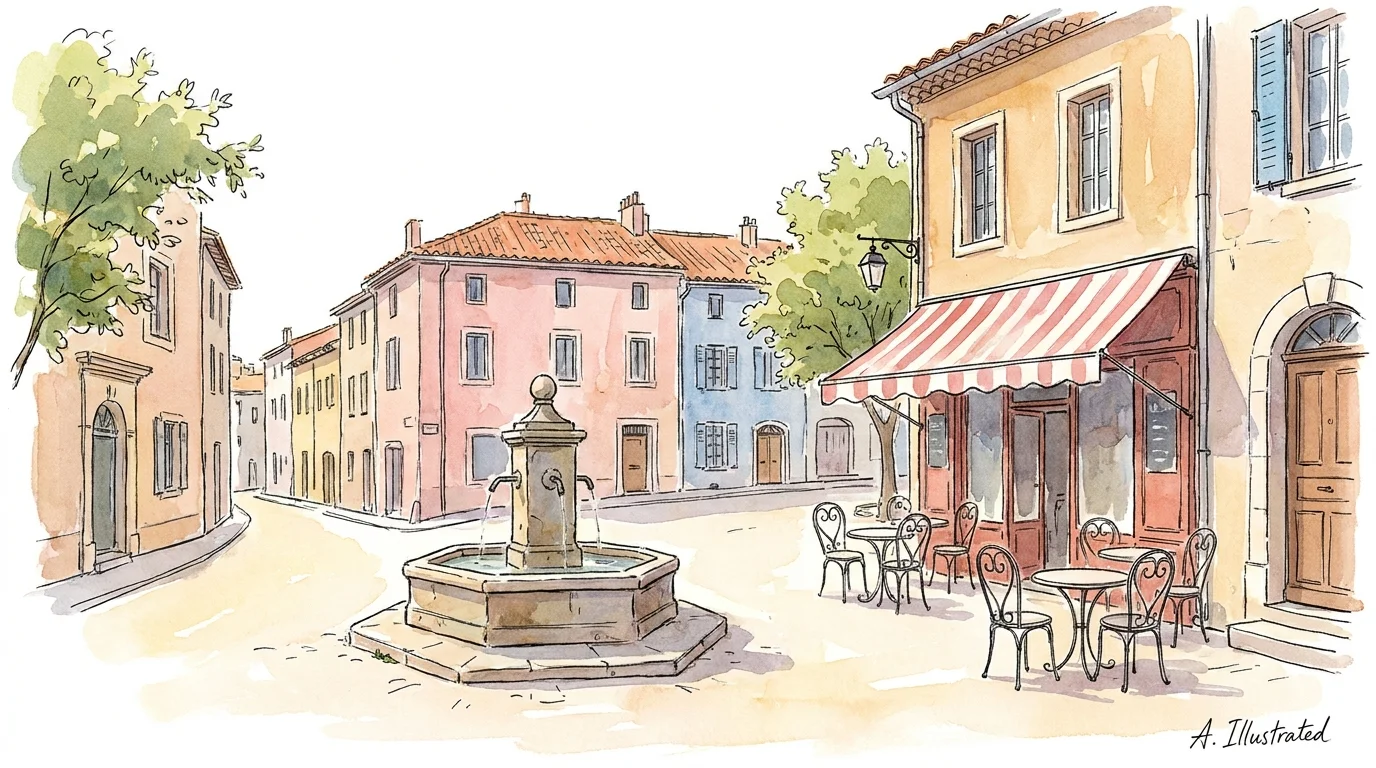 An ink and watercolor illustration of a charming European village square with a café and fountain.