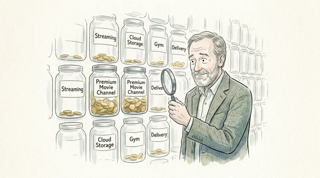 An ink and watercolor illustration of a man using a magnifying glass to find two identical jars of coins representing double payments.