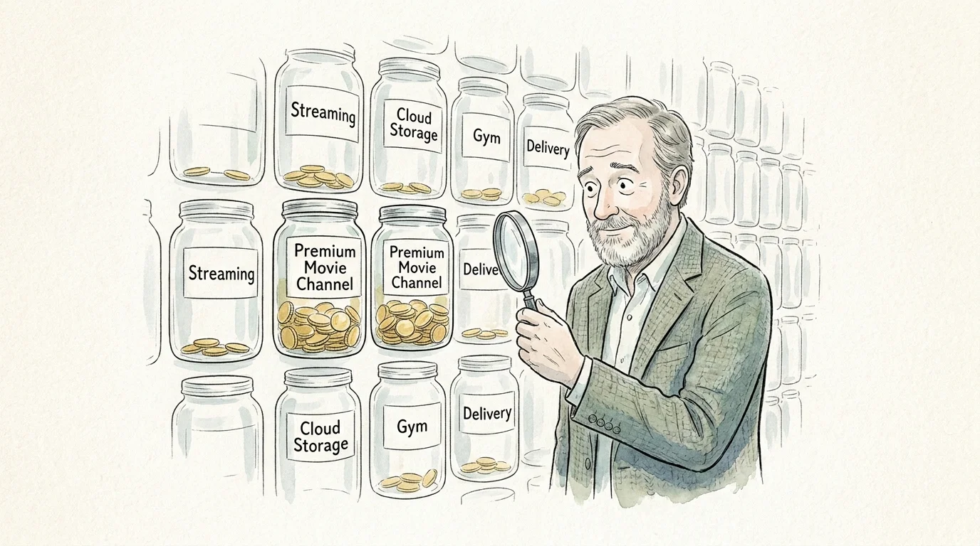 An ink and watercolor illustration of a man using a magnifying glass to find two identical jars of coins representing double payments.