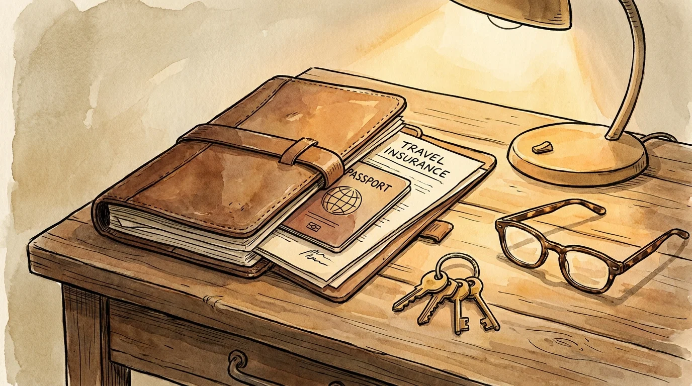An ink and watercolor illustration of a passport and insurance documents in a folder, symbolizing travel protection.