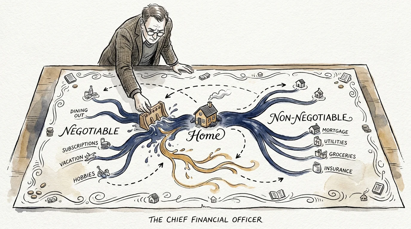 An ink and watercolor illustration of a person mapping out household expenses into negotiable and non-negotiable categories.