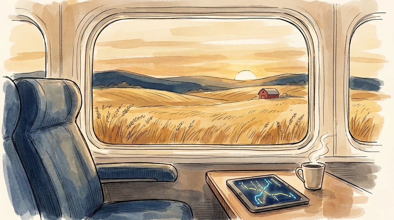 An ink and watercolor illustration of a scenic view from a train window, representing the comfort of rail travel.