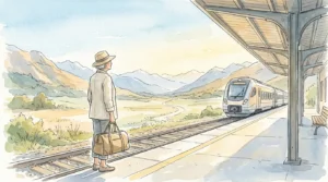 An ink and watercolor illustration of a senior woman with a travel bag at a scenic mountain train station, symbolizing new adventures.