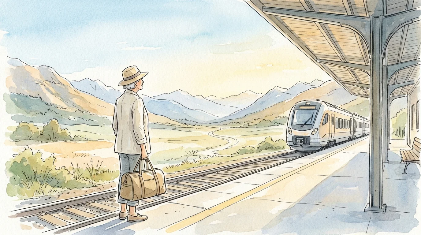 An ink and watercolor illustration of a senior woman with a travel bag at a scenic mountain train station, symbolizing new adventures.