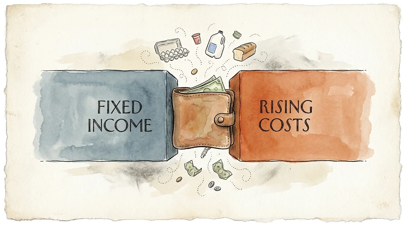 An ink and watercolor illustration of a wallet being squeezed between the pressures of fixed income and rising costs.