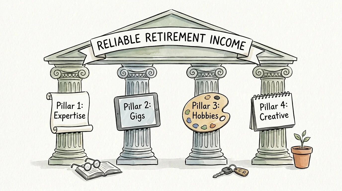 An ink and watercolor illustration of four pillars labeled Expertise, Gigs, Hobbies, and Creative supporting a roof.