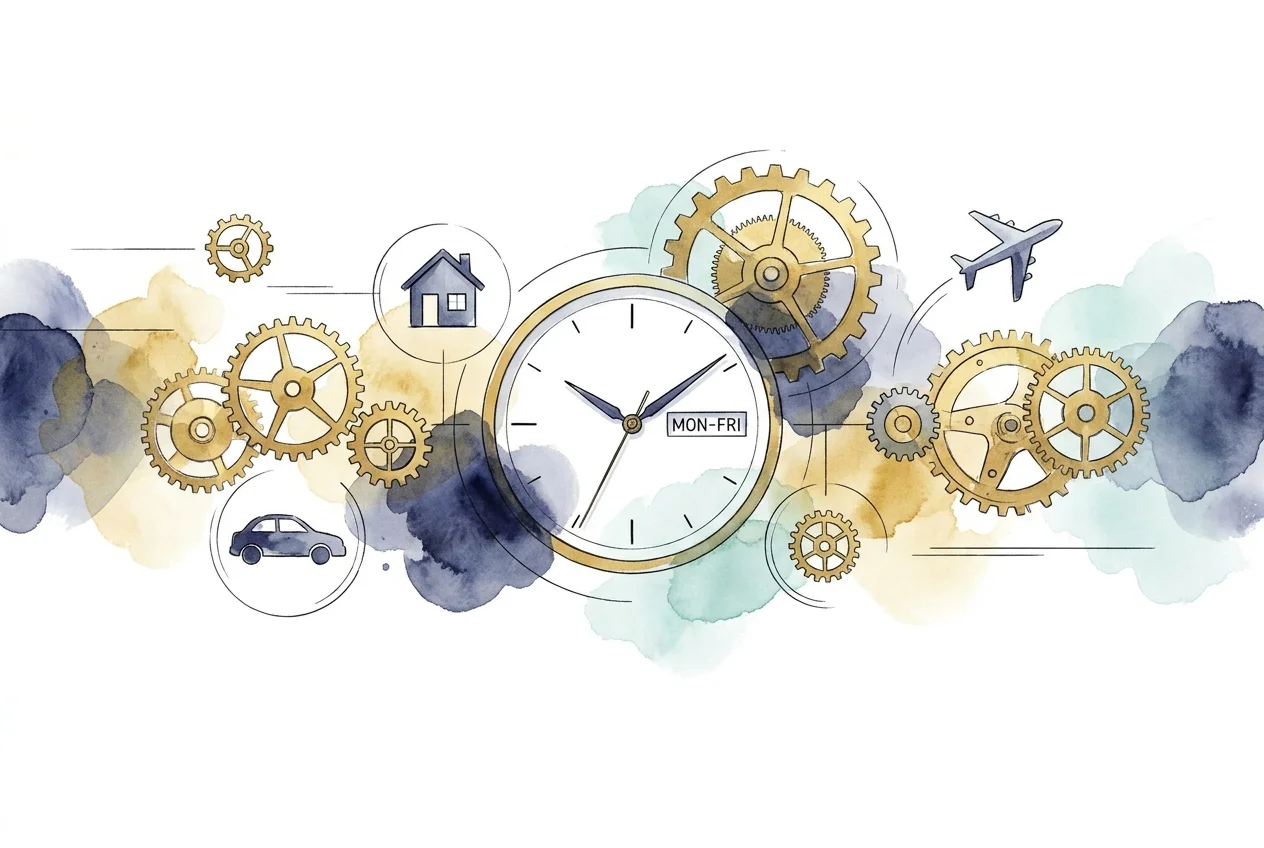An ink and watercolor illustration of golden gears and icons representing automated savings for travel and major buys.