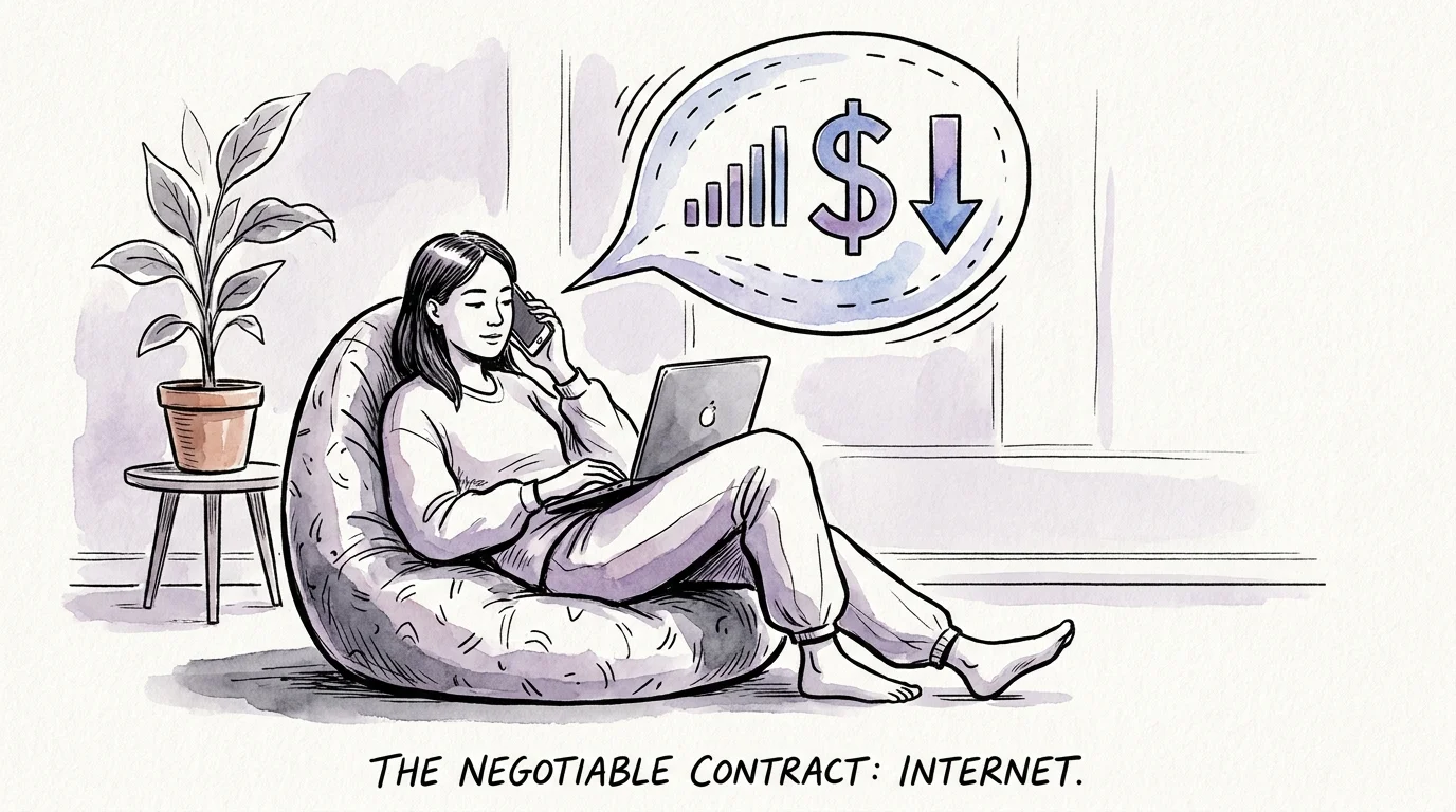 An ink illustration of a person on the phone, negotiating their internet bill while using a laptop.