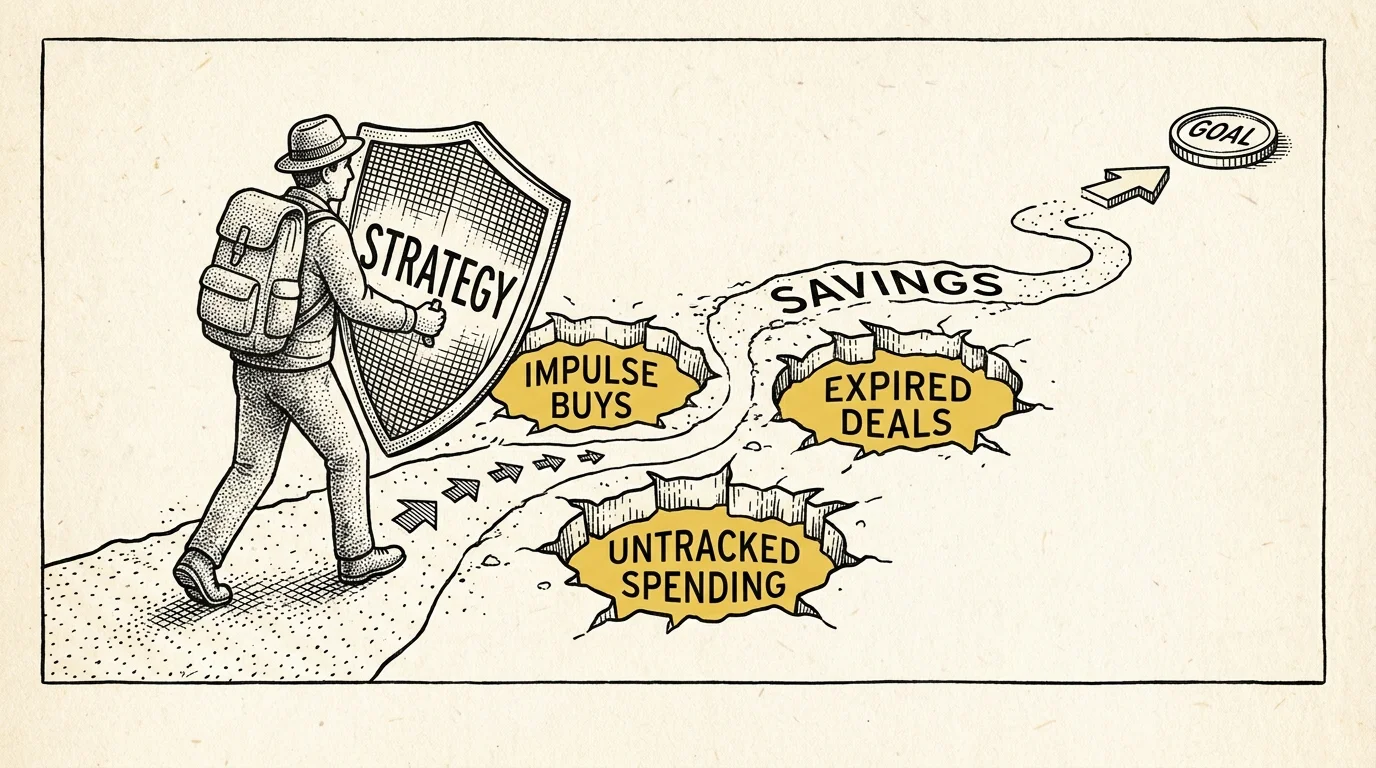 An ink-sketch illustration showing a shopper using a strategy shield to avoid pitfalls like impulse buys.