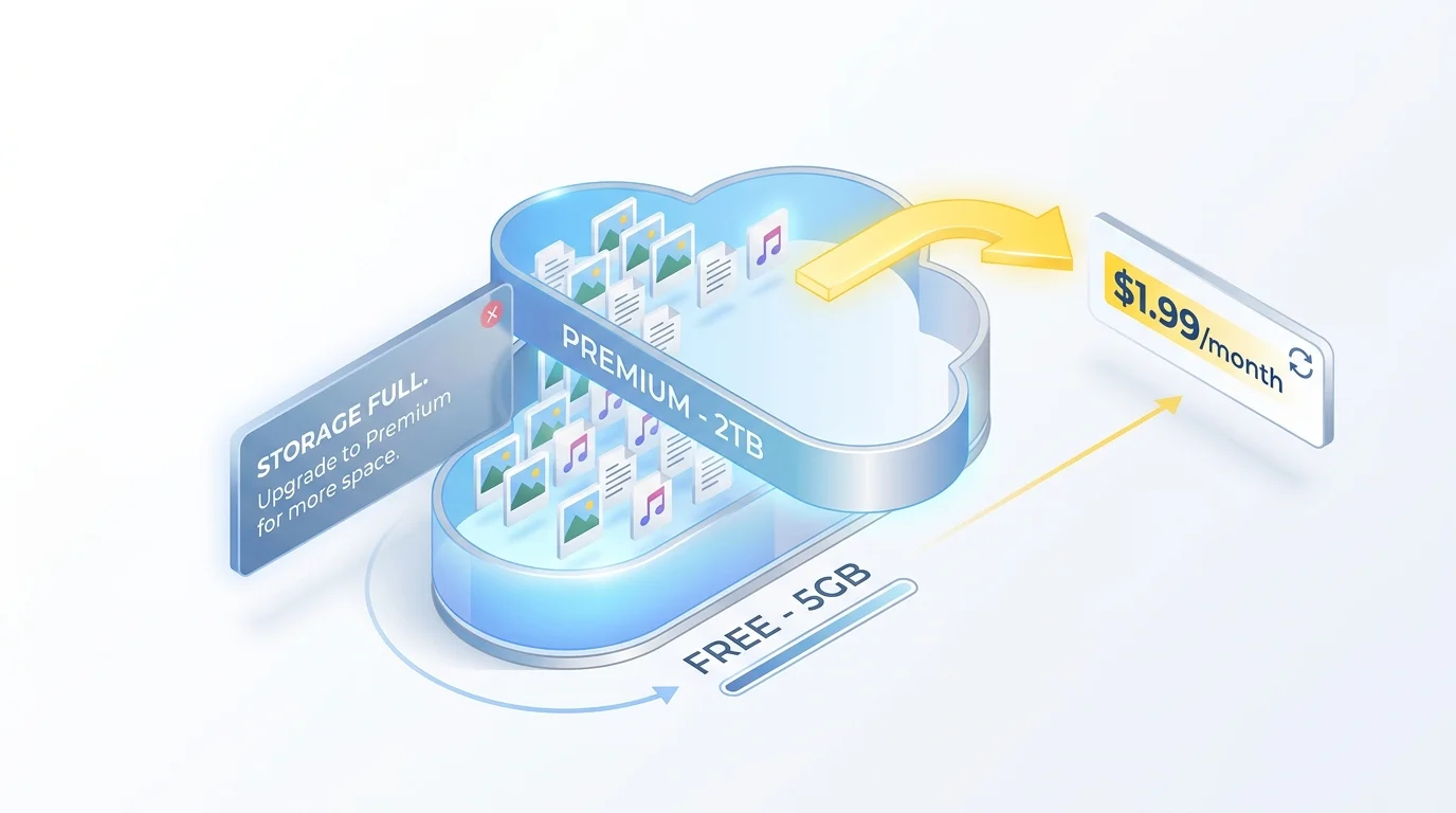 An isometric diagram of a cloud icon showing storage tiers, a 'full' warning, and a monthly price tag for an upgrade.