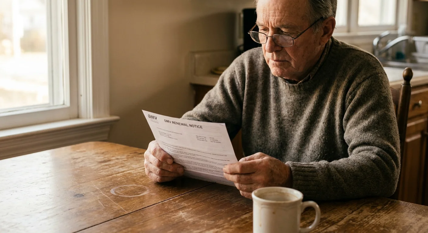 An older man reviewing a DMV renewal notice at his kitchen table.