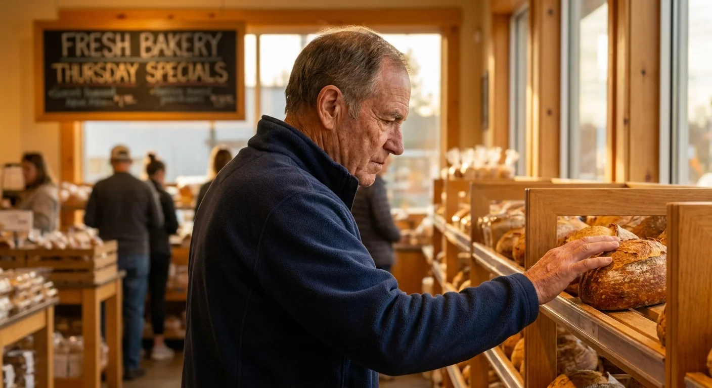 An older man shopping for fresh bread in a grocery store bakery on a Thursday morning.