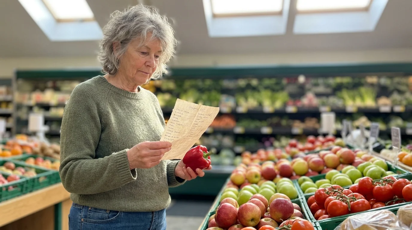 An older woman mindfully checking her grocery list while selecting fresh produce in a supermarket.