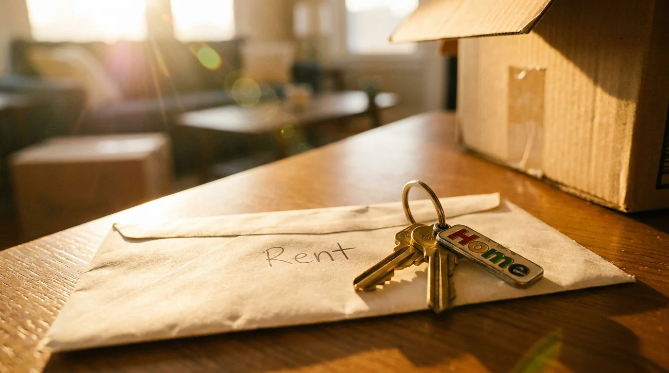Apartment keys lying on an envelope labeled 'Rent' in a sunlit room.