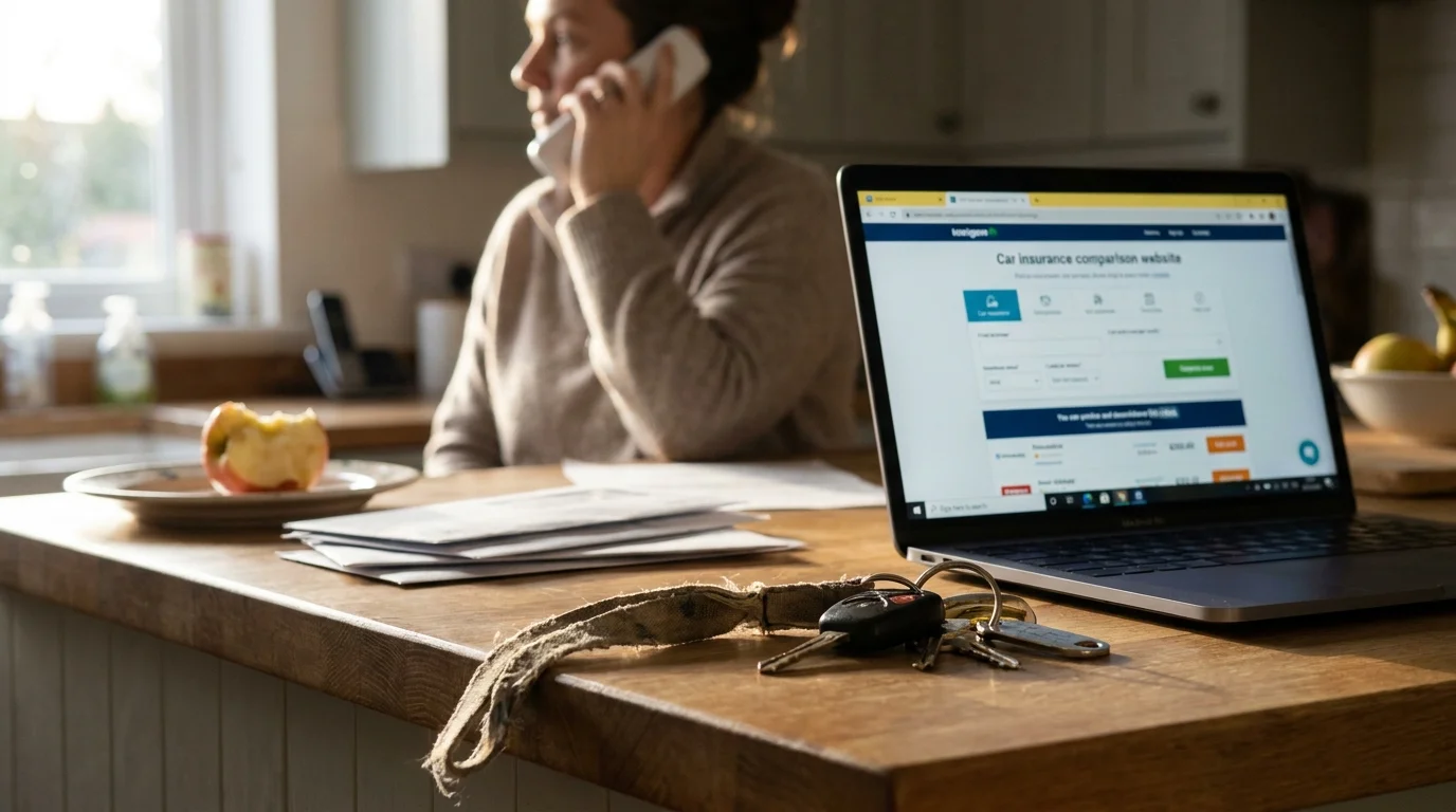 Car keys and a laptop showing insurance rates on a kitchen counter.