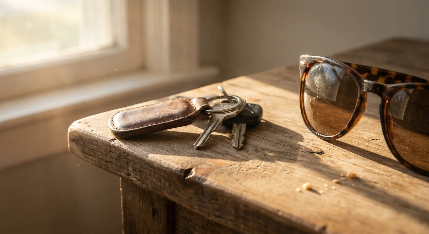 Car keys and sunglasses resting on a wooden table in warm evening light.