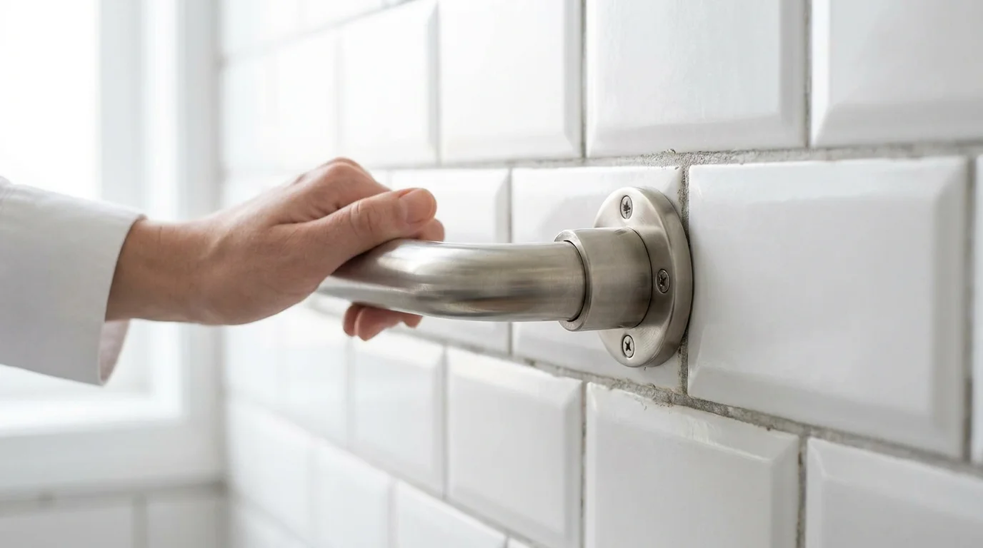 Close-up of a brushed nickel grab bar installed on a white subway tile bathroom wall.