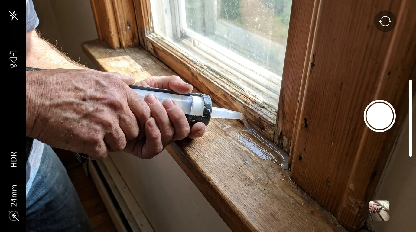 Close-up of a person sealing a window frame with a caulk gun in bright natural light.